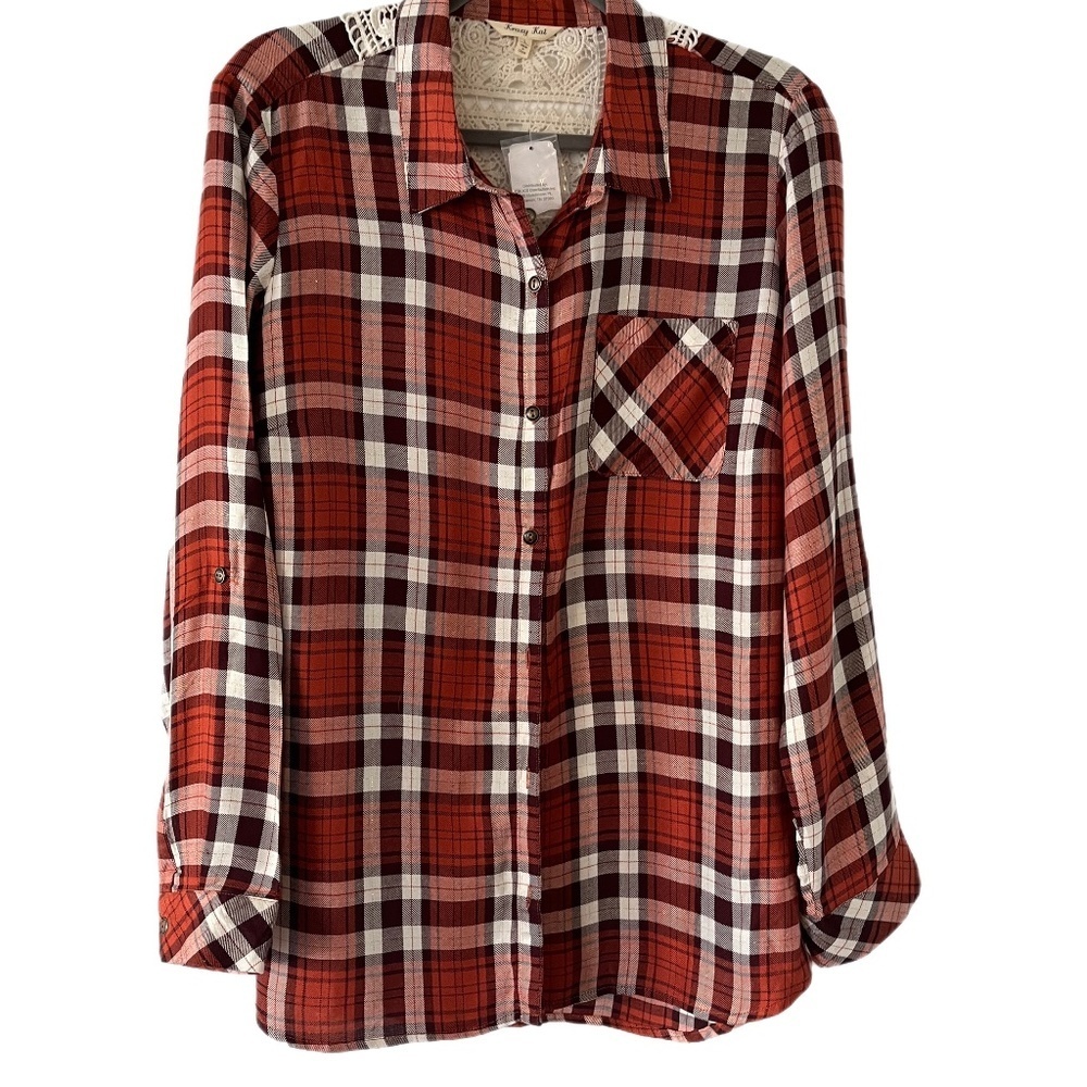 NWT Plaid Shacket Crochet Roll Cuff Metallic Thread Loose Boho Blouse